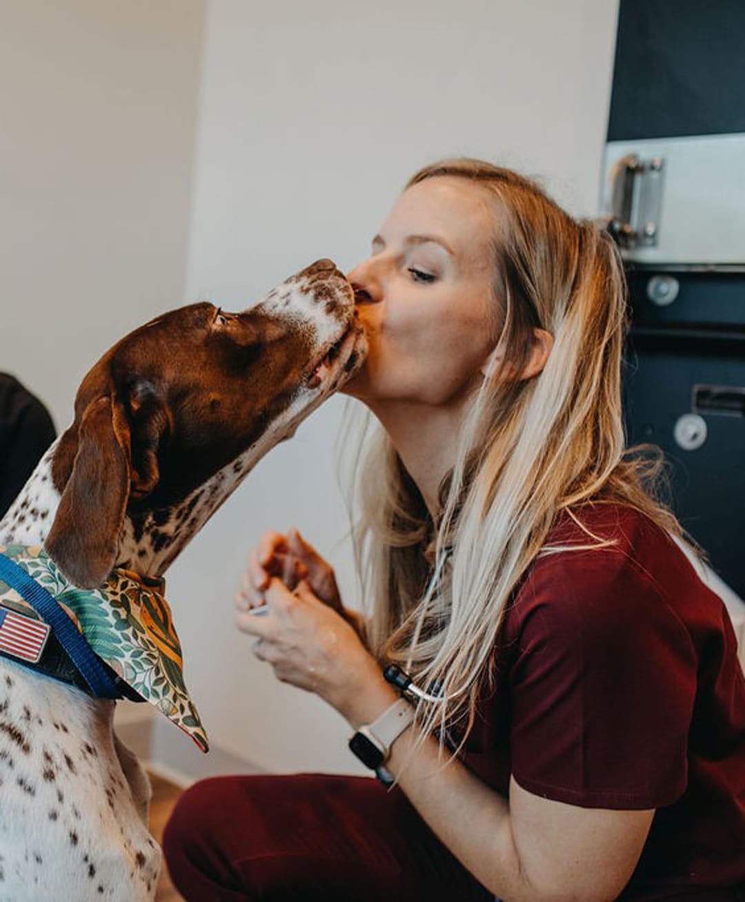 Dr. Kate McGowan getting kisses from a brown and white spotted dog